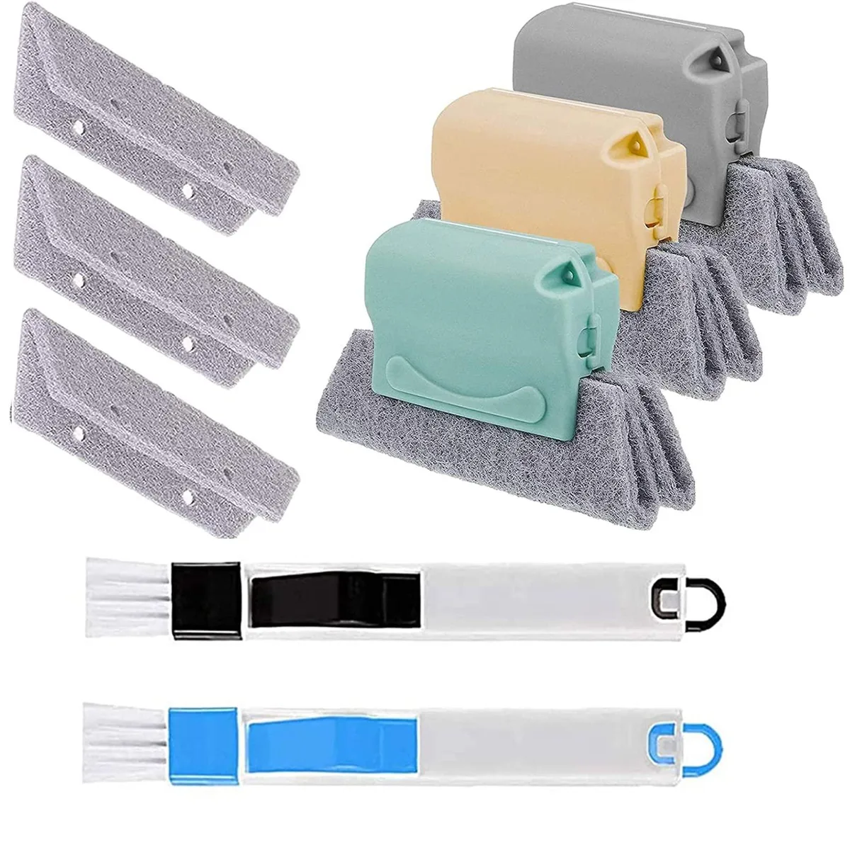 Set of cleaning brushes, dustpan and replacement cloths in green, yellow and grey