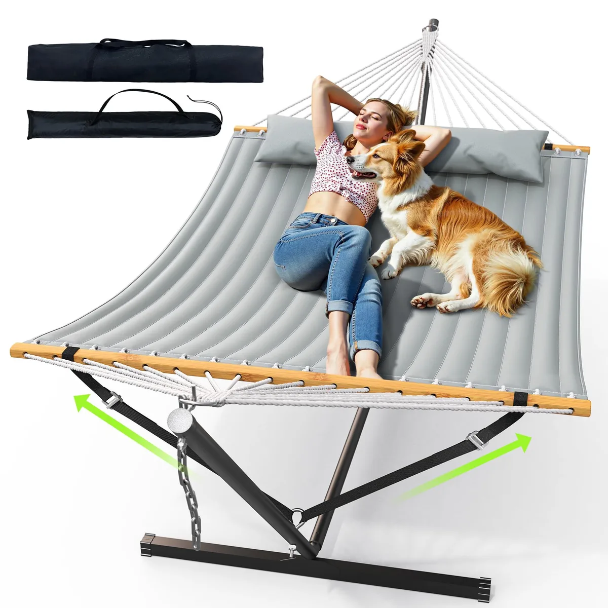 Dark grey double hammock on steel stand with adjustable chains