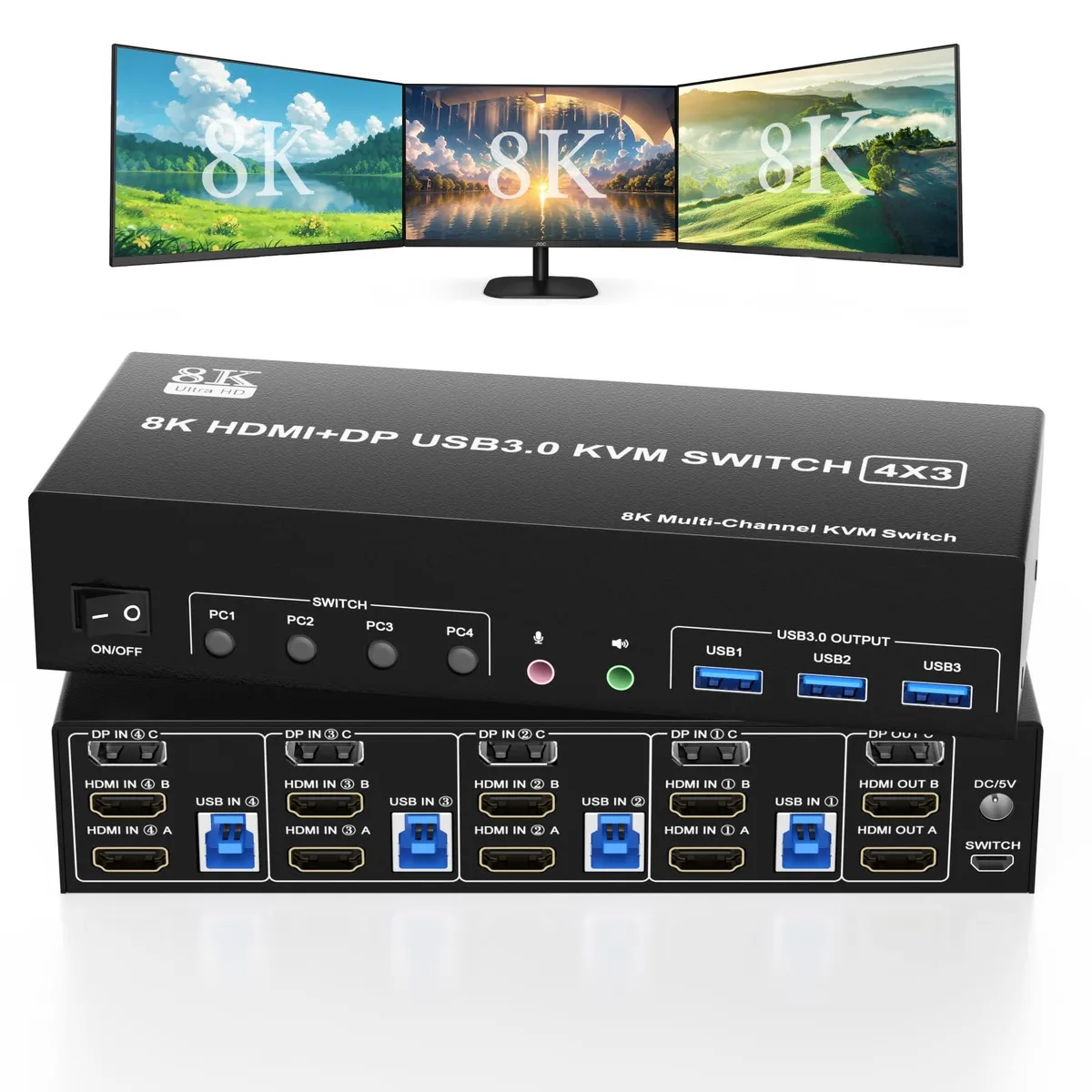 Vszerda Vszerda 3-Monitor 4-Port KVM Switch 8K@60Hz 4K@144Hz 2 HDMI+1 DP USB 3.0 — product photo