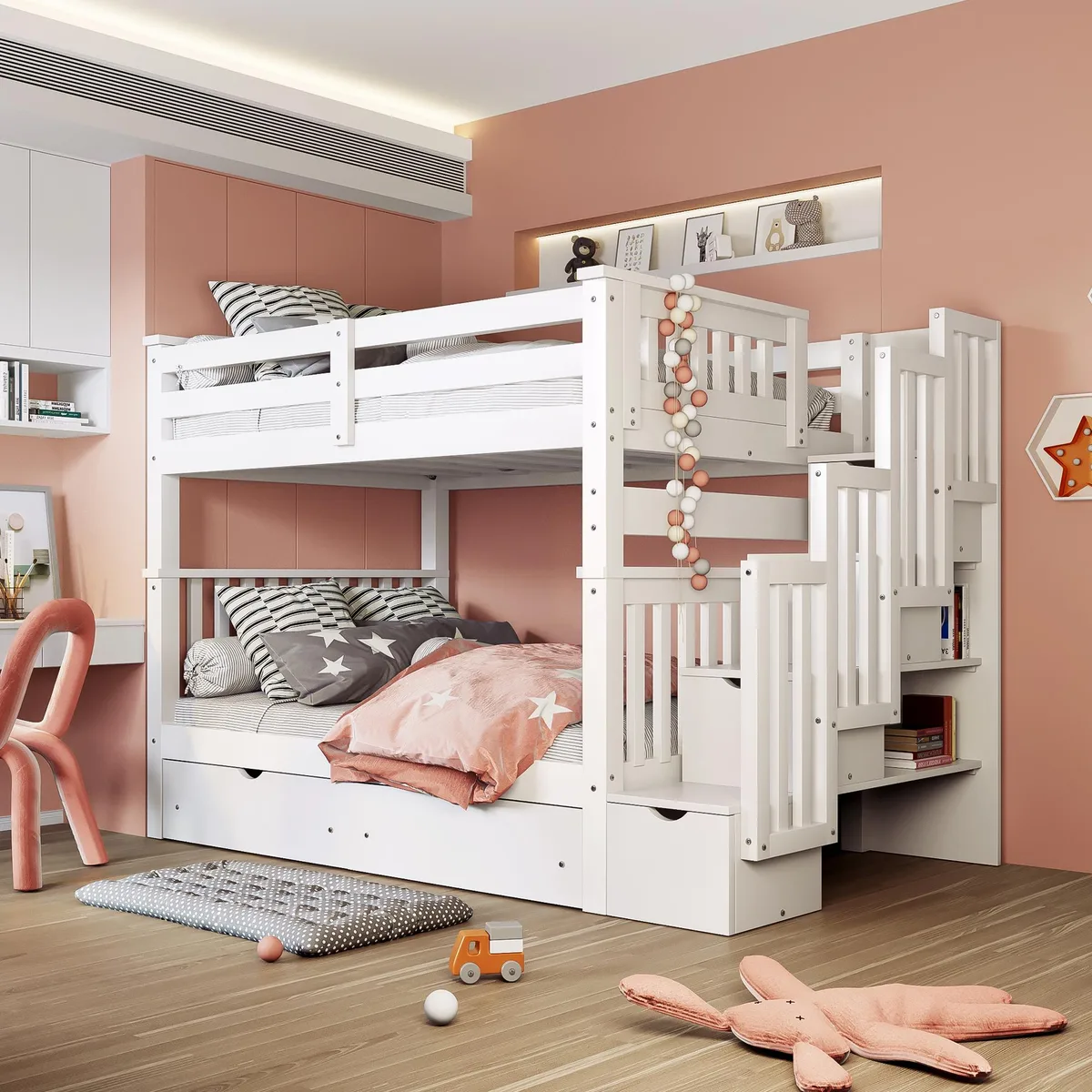 White solid-wood full-over-full bunk bed with staircase storage and six drawers