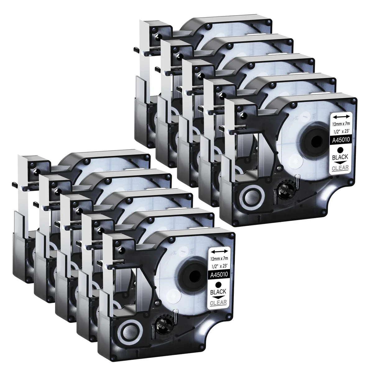 GREENCYCLE GREENCYCLE 10 Pack D1 Label Tape 12mm 23ft Black on Clear — product photo