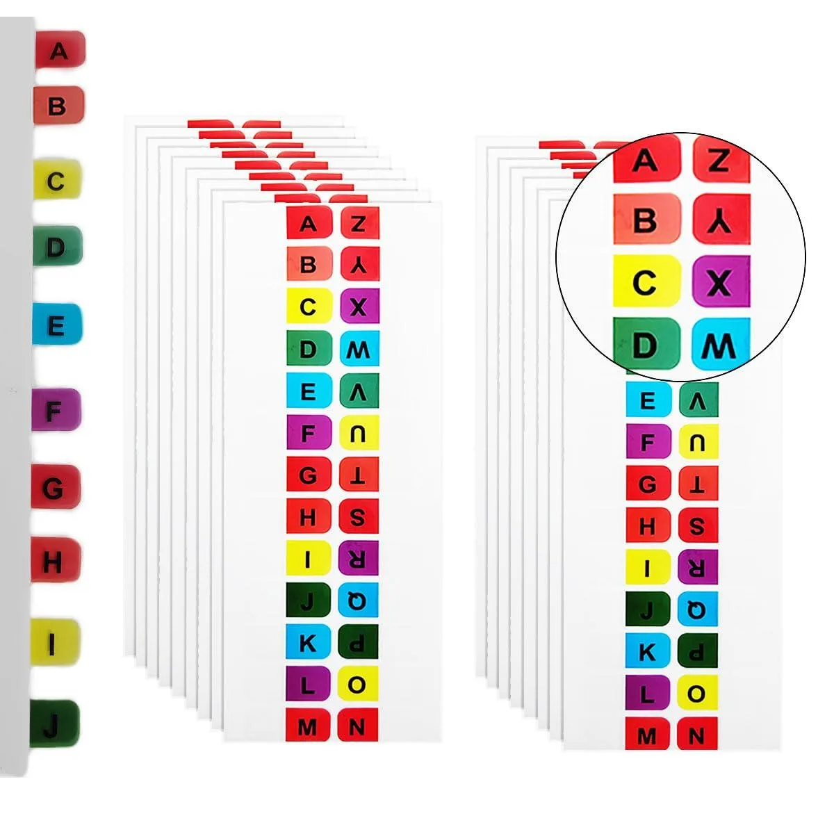 Sixteen sheets of multi-coloured PVC A-Z index tabs, self-adhesive, each tab 170mm by 65mm
