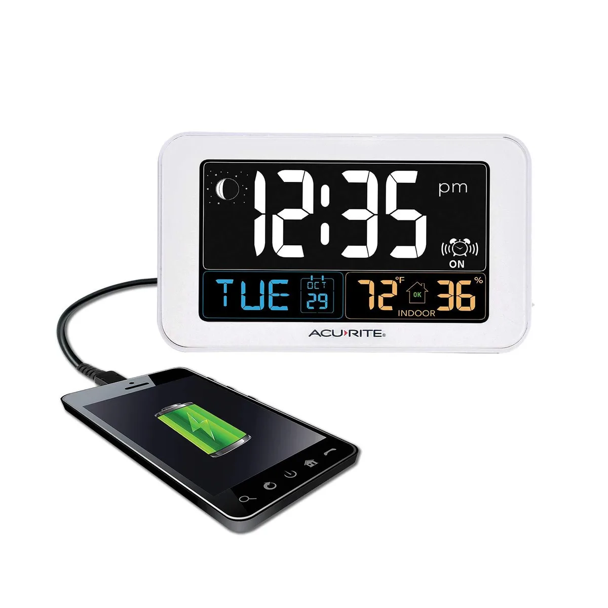 Emerson 13040CA Intelli-Time Digital Alarm Clock with USB Charger, Indoor Temperature & Humidity — product photo