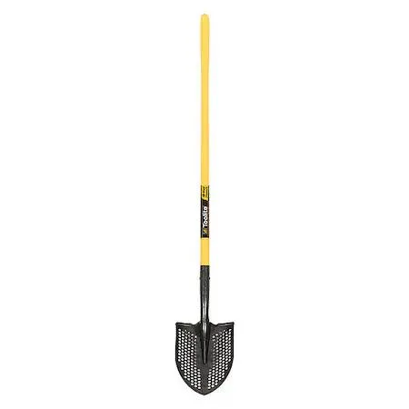 Round-point mud sifting shovel with gray steel blade and yellow fiberglass handle