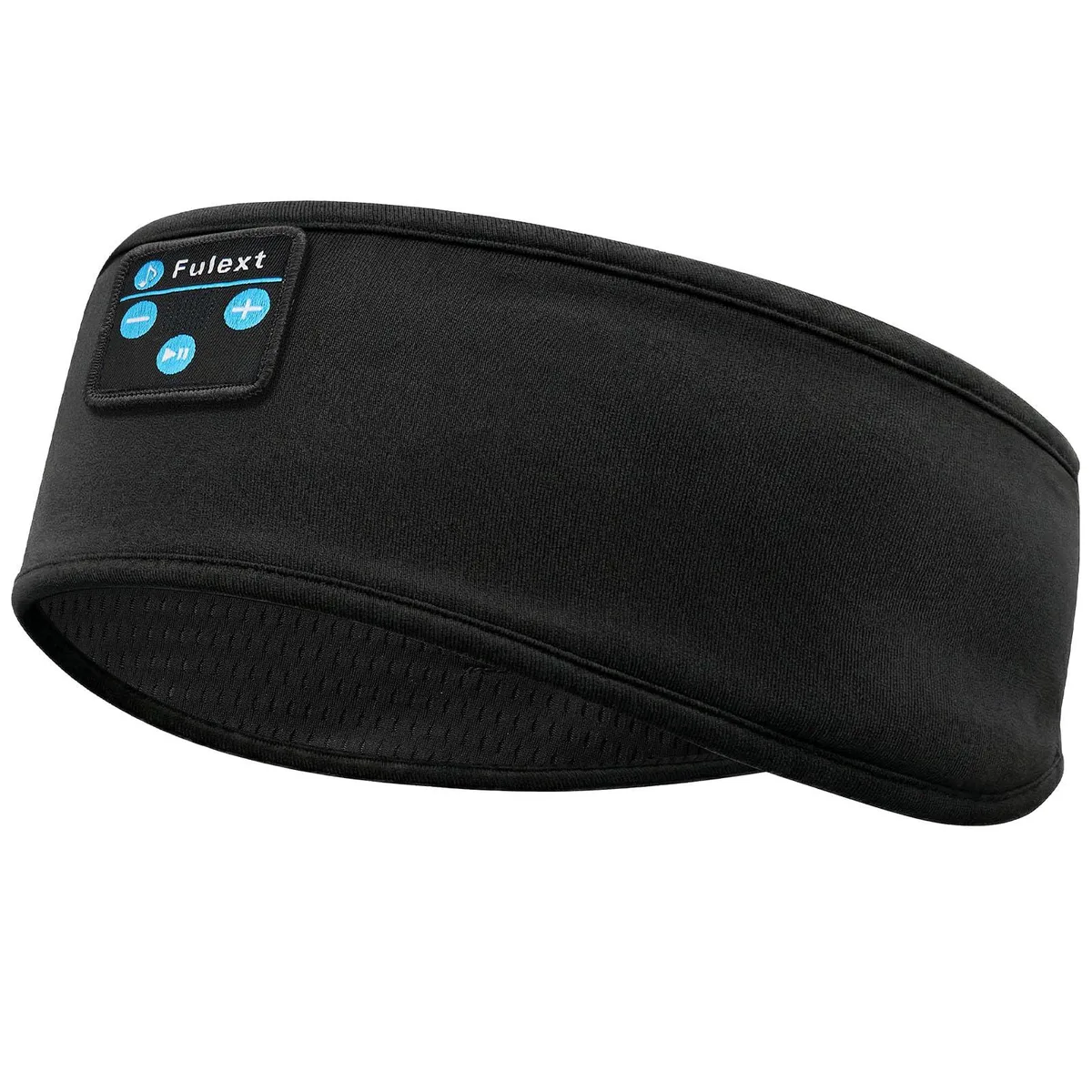 White fabric headband with thin on-ear speakers and central control module