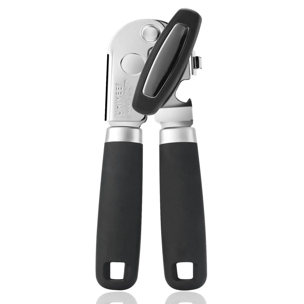 Black manual can opener, 7.8 inches long, dual-layer steel body, oversized knob, side magnet and bottle opener