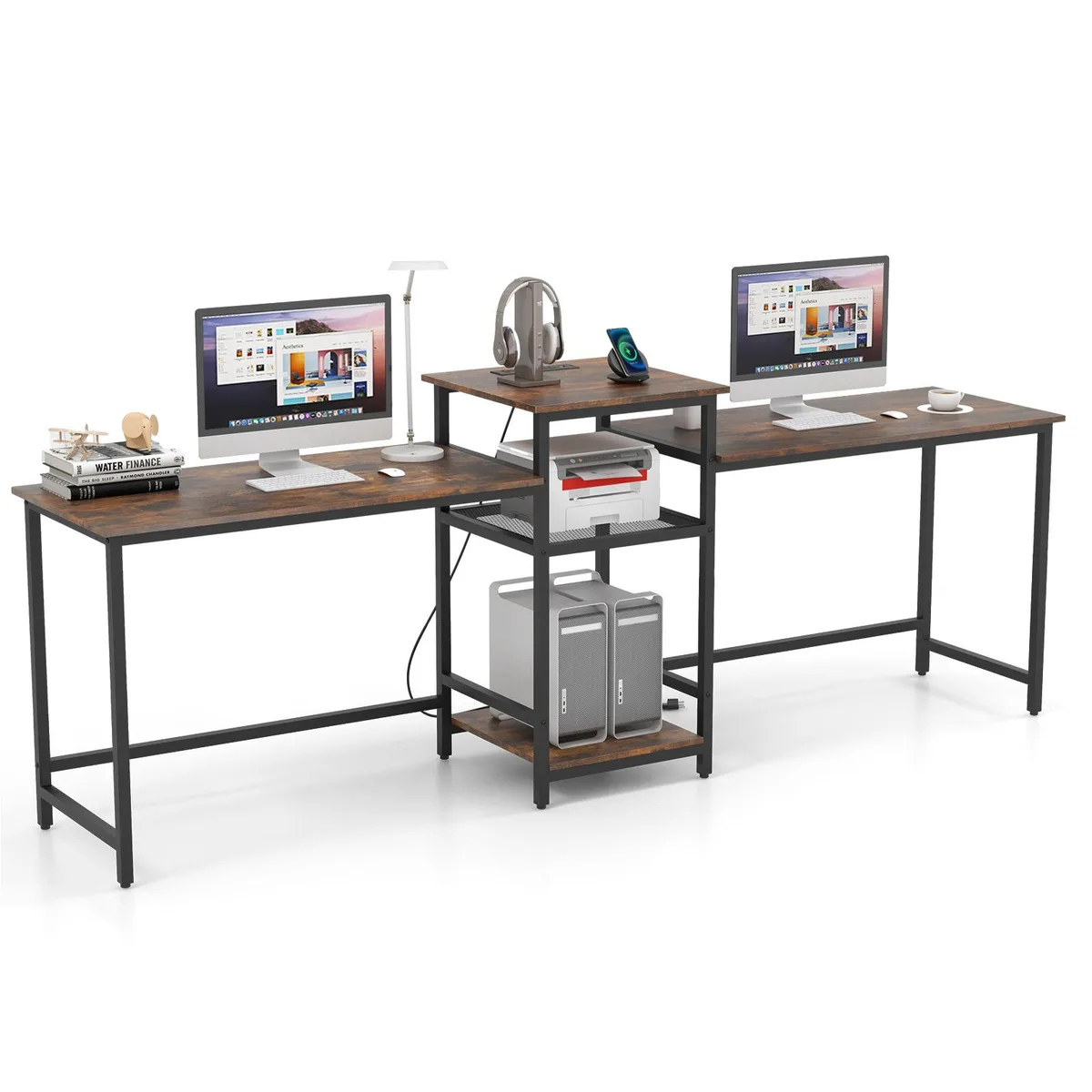 Long 97-inch two-person desk in rustic brown and black with metal frame, built-in power outlet, printer stand