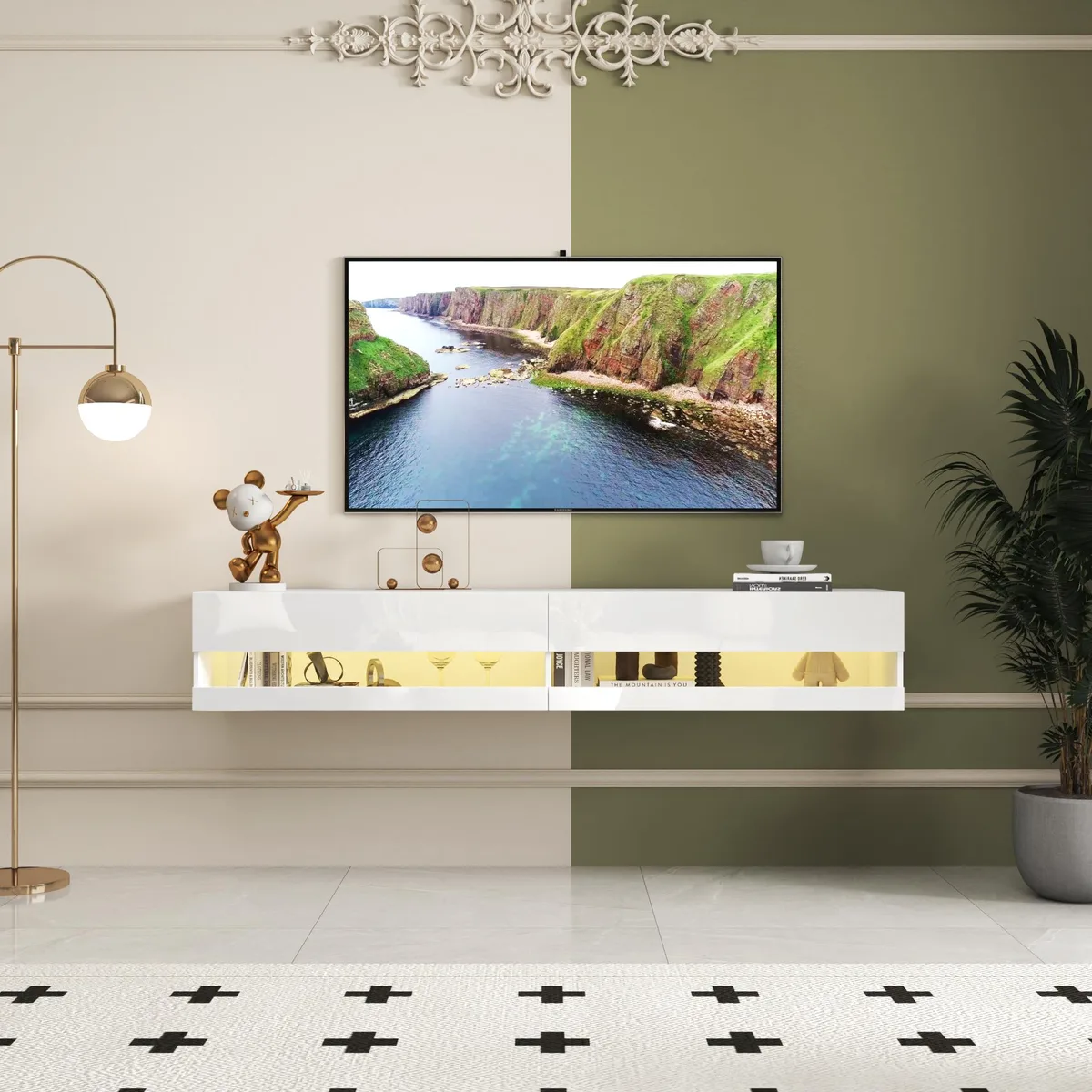 tuphen tuphen 180 Wall Mounted Floating 80 TV Stand White 20 Color LEDs Charging Station — product photo