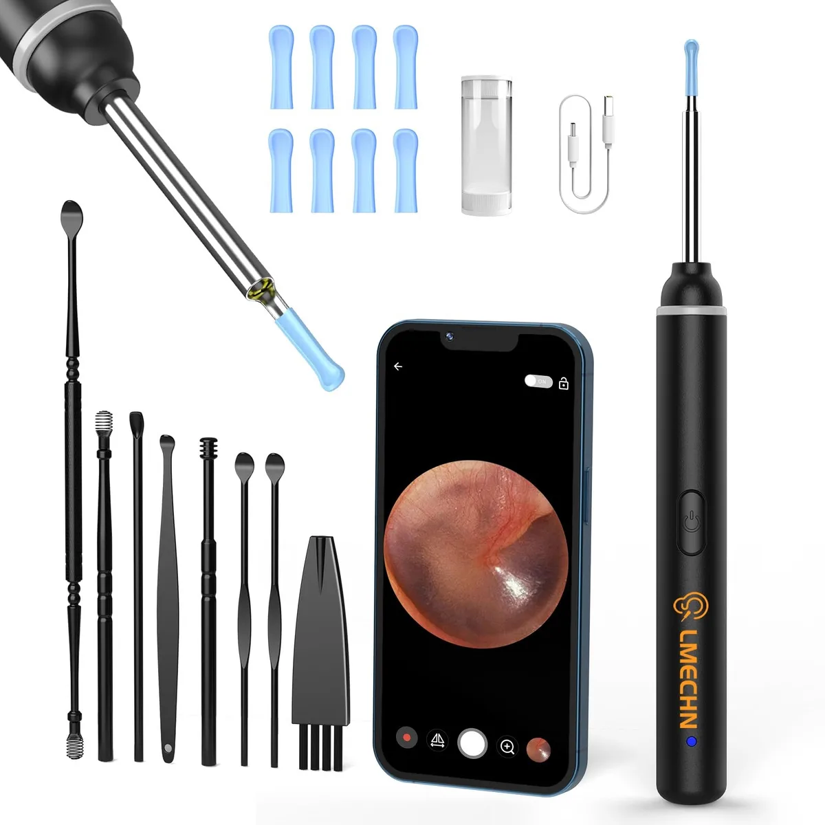 Dark black wireless ear otoscope with slim lens, six LED lights, Type-C charging port and eight silicone scoops