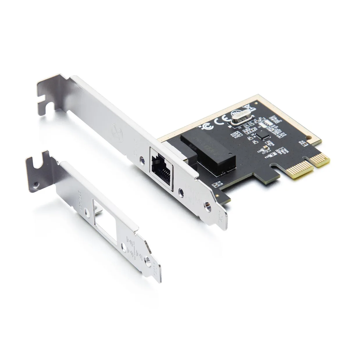 Green printed circuit board with single RJ45 port and gold PCIe edge connector