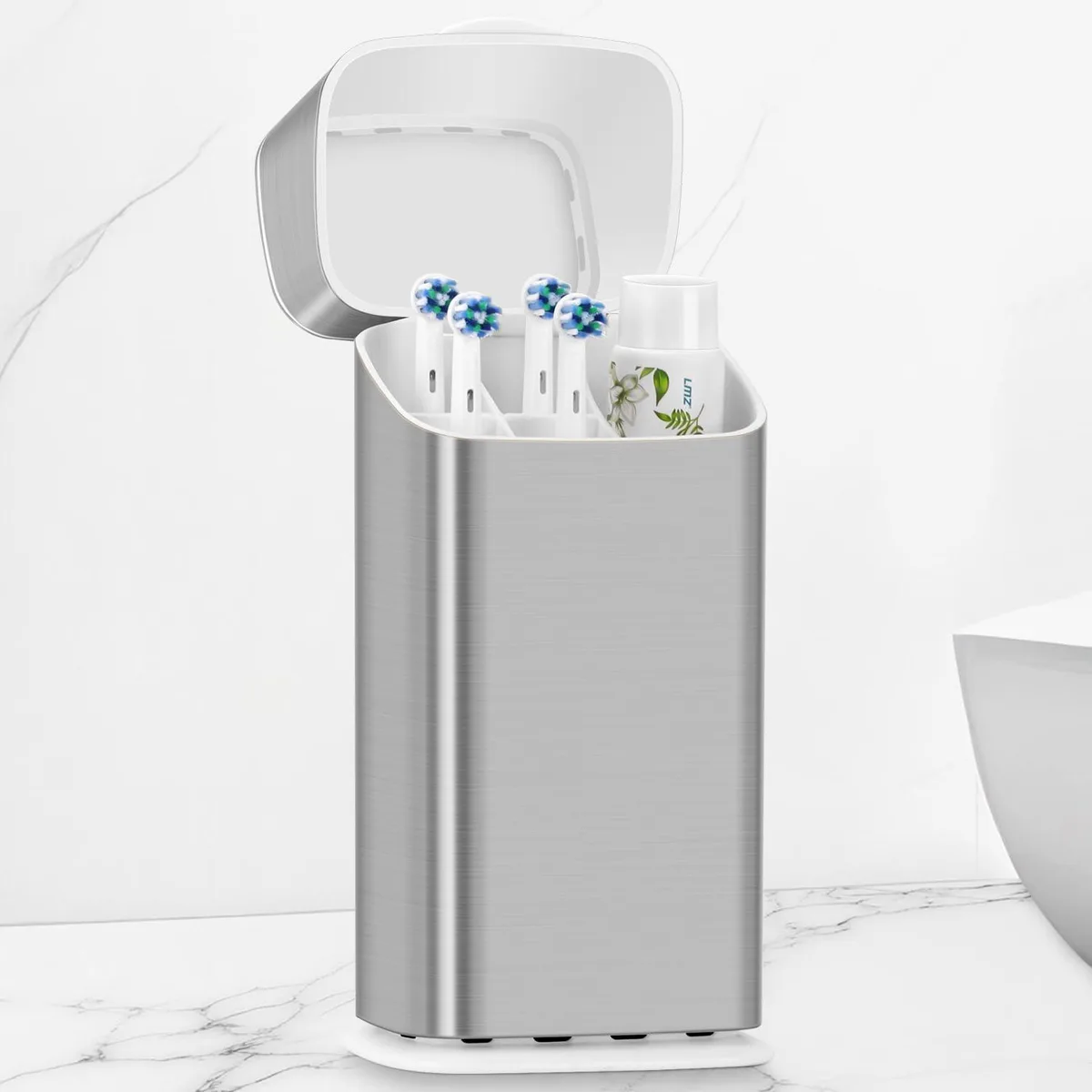 Silver ABS electric toothbrush holder with ventilated cover and five compartments