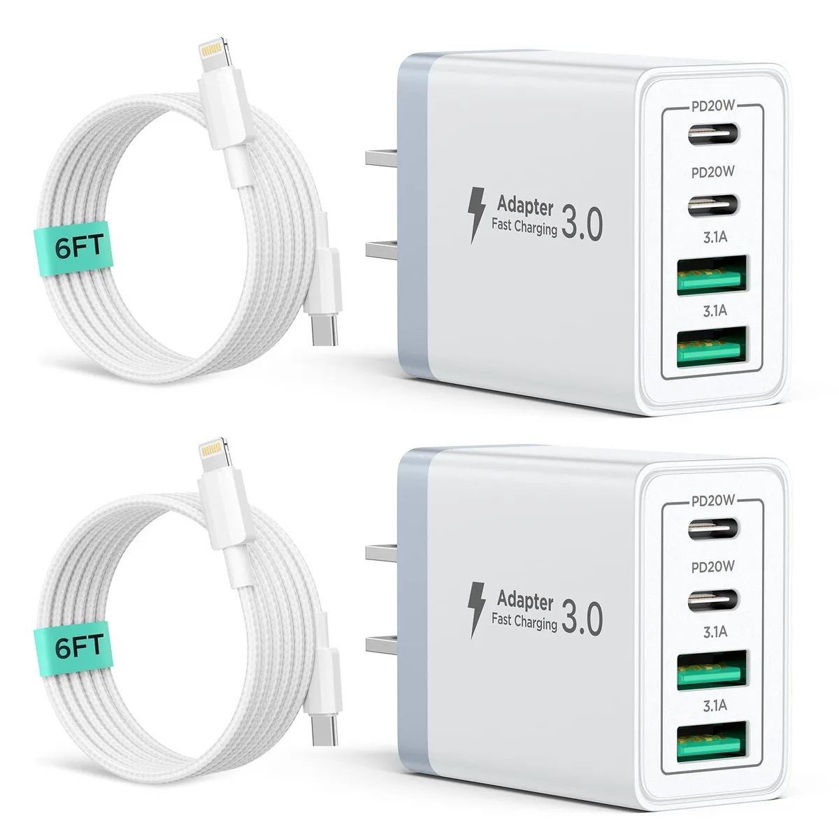 Two white rectangular wall chargers with four ports each, plus a white USB-C to Lightning cable