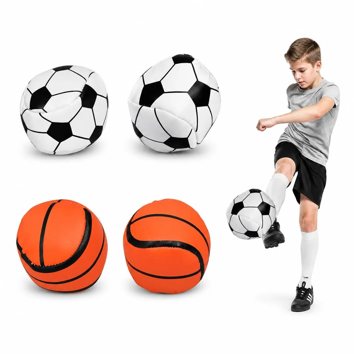 Four red PU leather footbags in a set