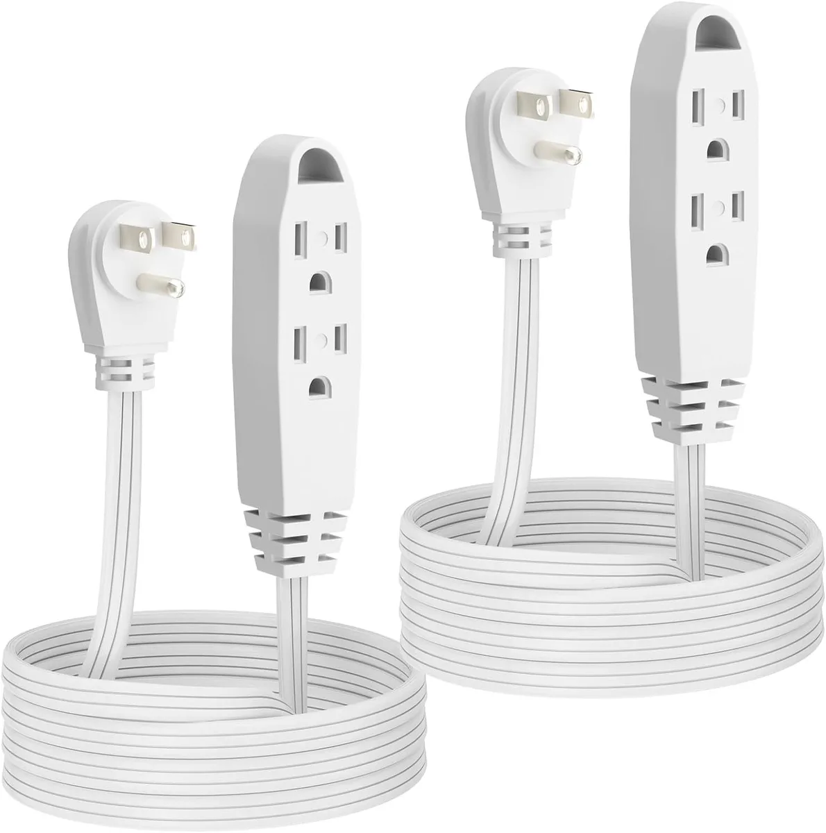 Two flat white 6-foot extension cords each with a grounded three-prong plug and three outlets