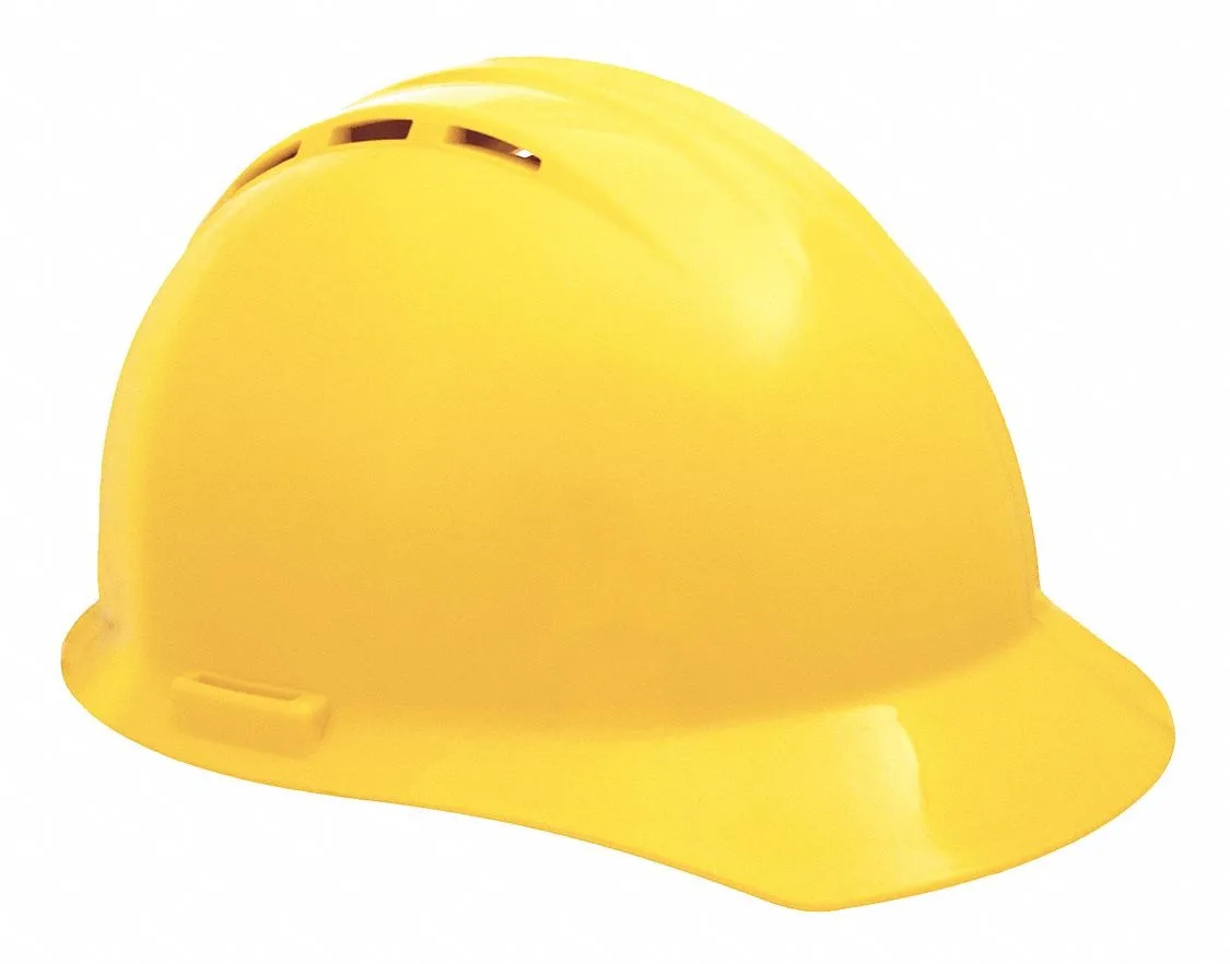 Yellow polyethylene hard hat with front brim and four-point ratchet suspension
