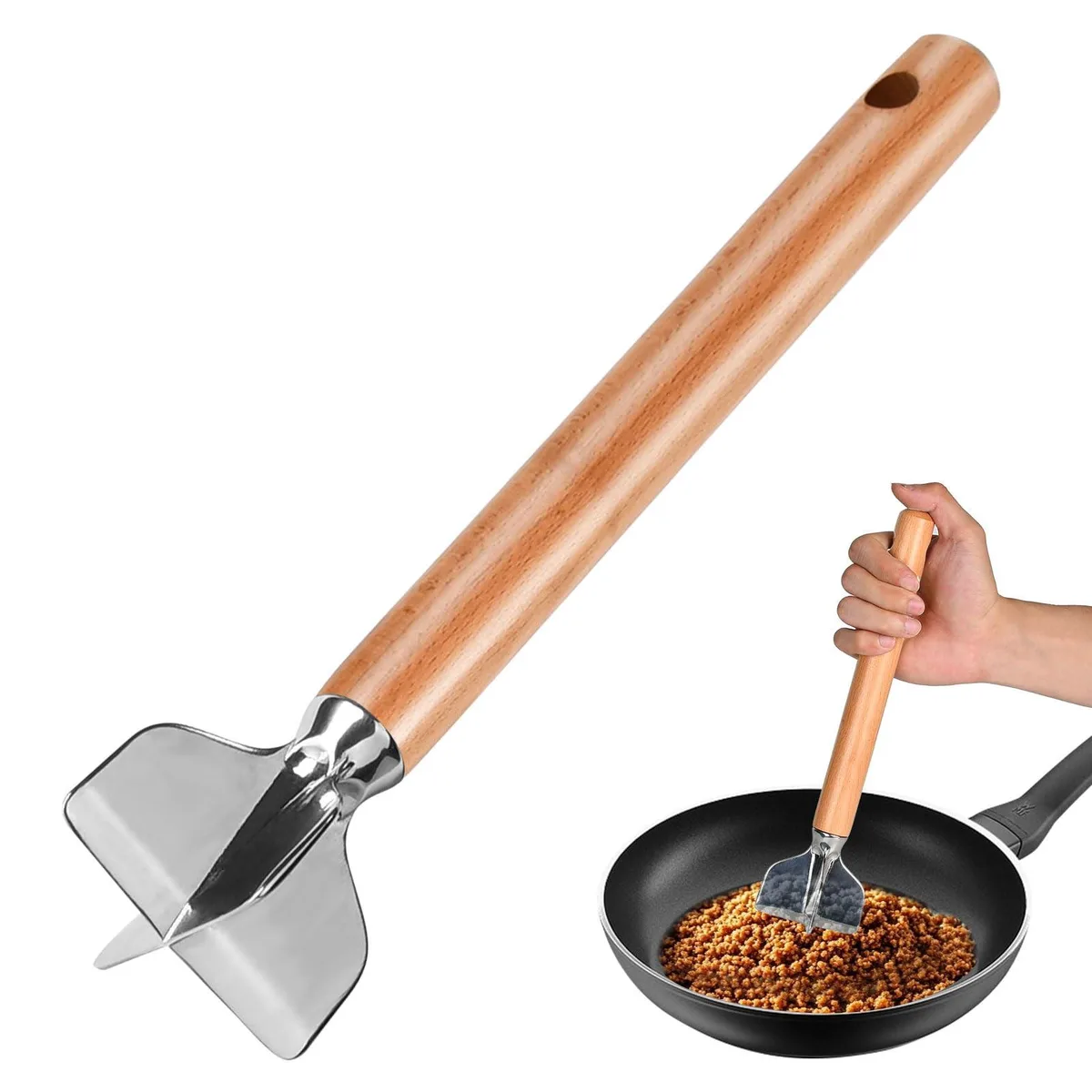 ANZIUS stainless steel meat chopper 11 inch silver finish wooden handle