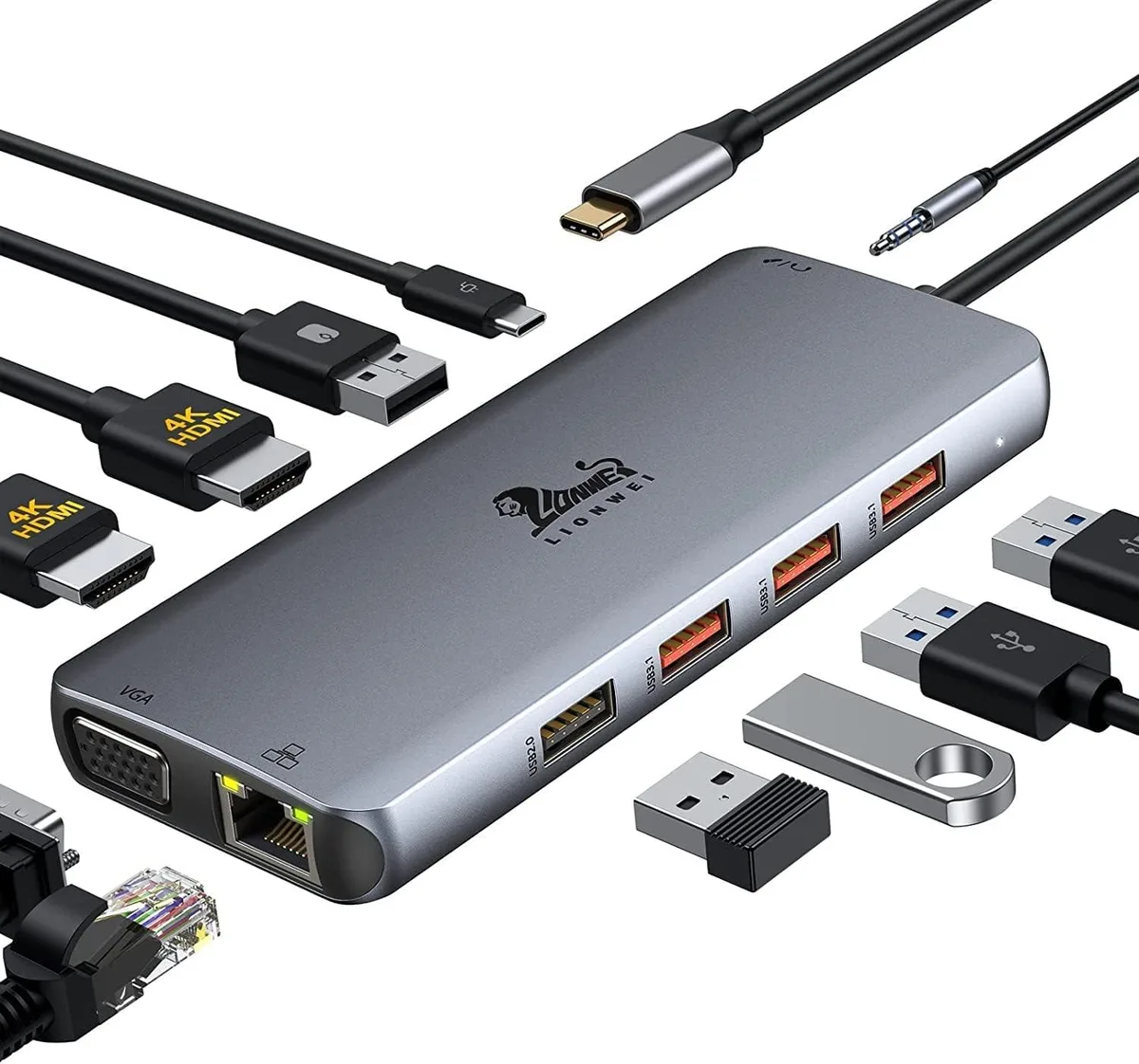 PISKEKAT PISKEKAT 11-in-1 USB-C Docking Station Dual 4K HDMI VGA Ethernet 10G USB 3.1 87W PD 3.5mm Audio/Mic — product photo
