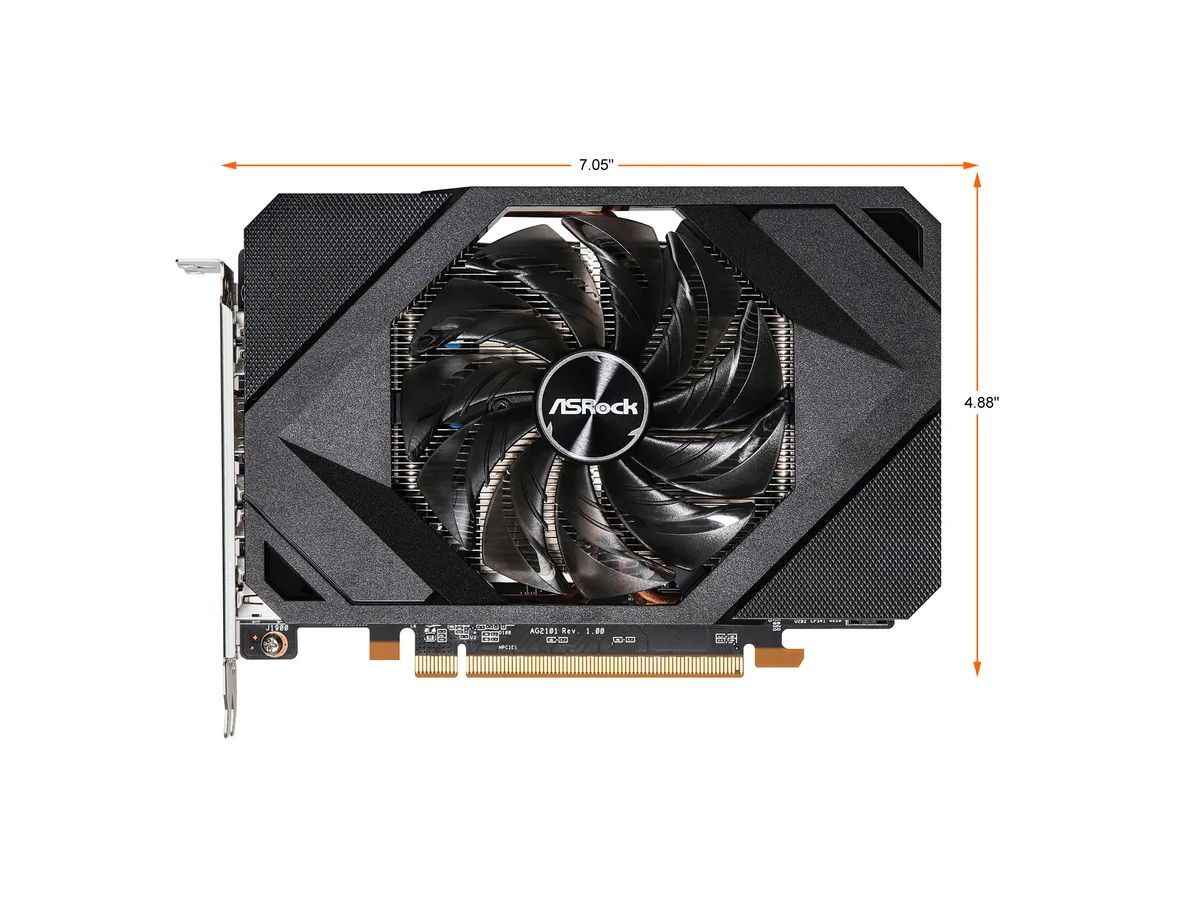 Compact black graphics card with single axial fan and metal backplate