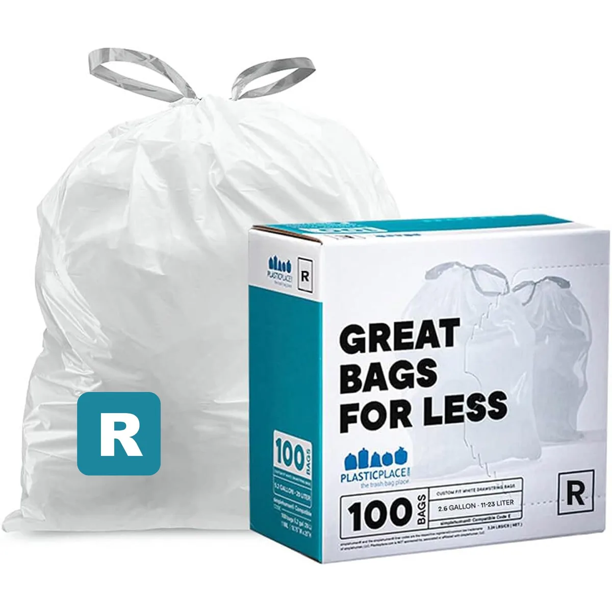White drawstring trash bags, 2.6 gallon, 100 count, packed in two rolls of 50