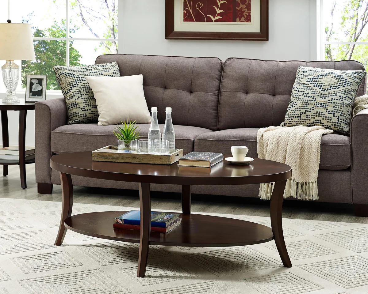 Oval espresso coffee table with lower shelf, birch veneer top, 48 by 30 by 18.25 inches