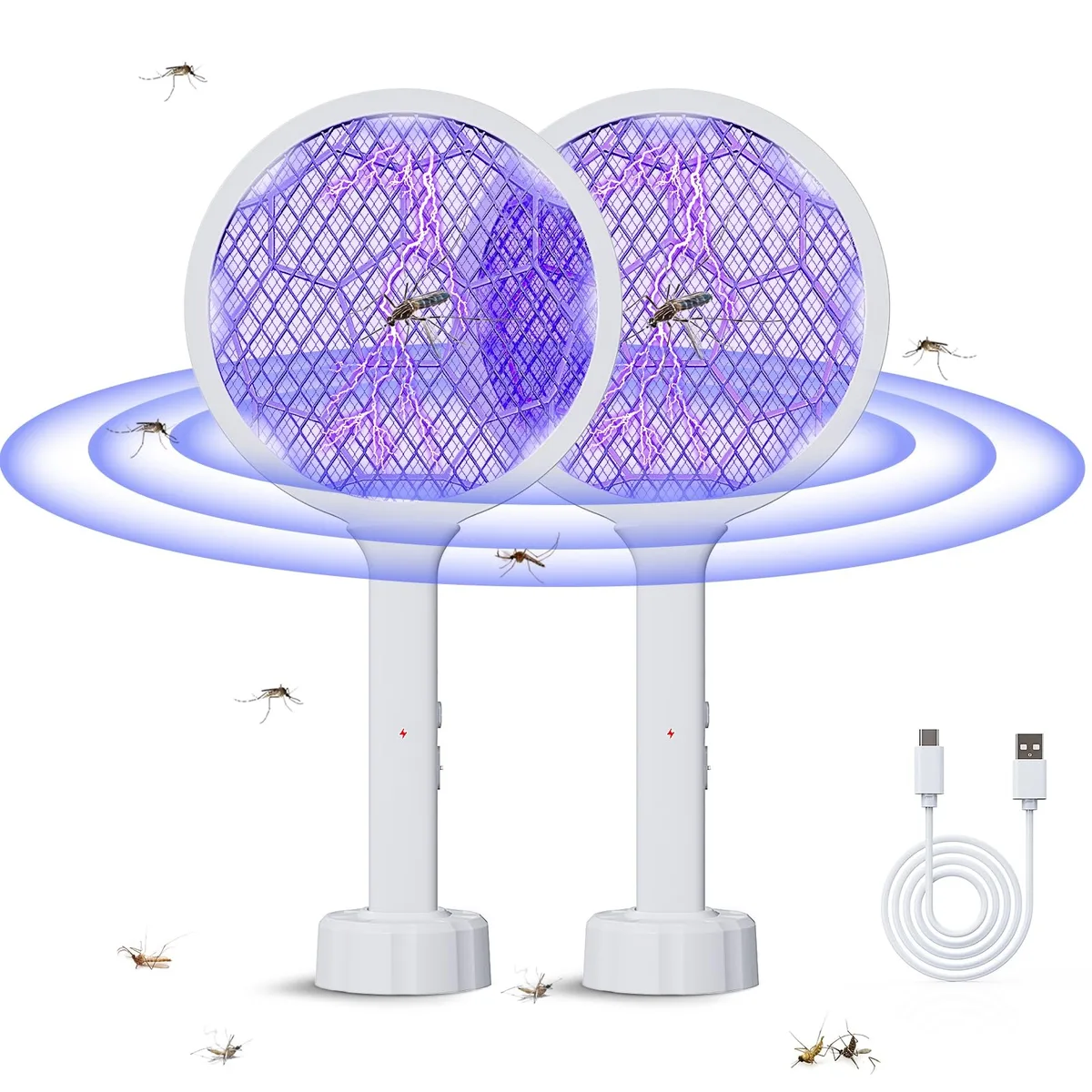  2 Pcs Electric Fly Swatter Racket 8 LED 3000V Handheld — product photo