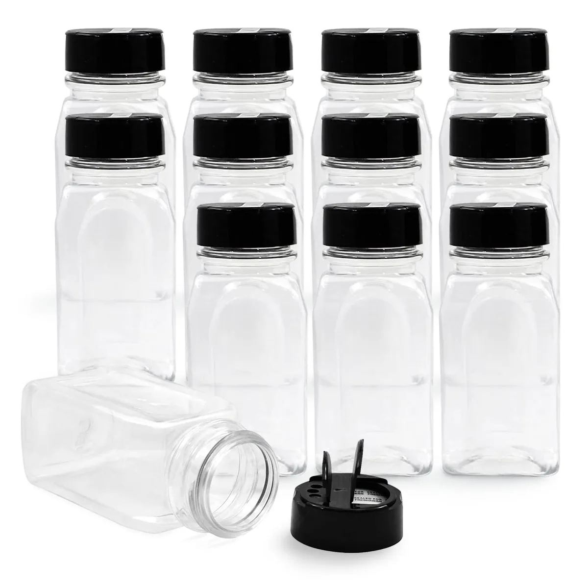 Twelve clear 9.5 Oz plastic jars with black flip-top caps in a pack