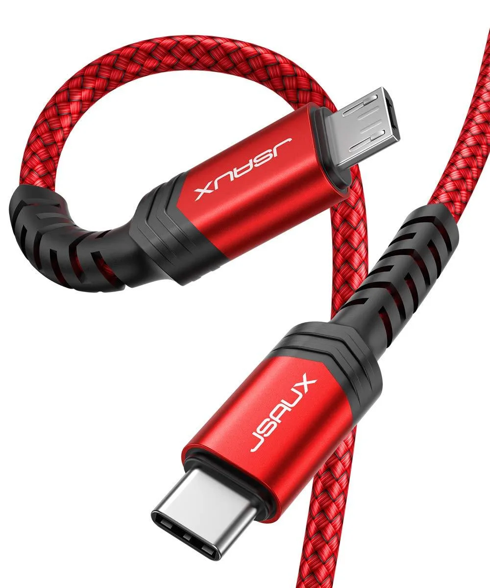Red braided USB-C to Micro-USB cable 10 ft long with aluminum connectors