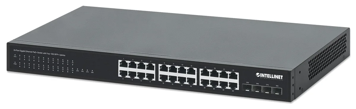 Intellinet Network Solutions Intellinet Network Solutions 561761 24-port PoE+ network switch with 4×10G SFP+ uplinks, 370 W budget — product photo