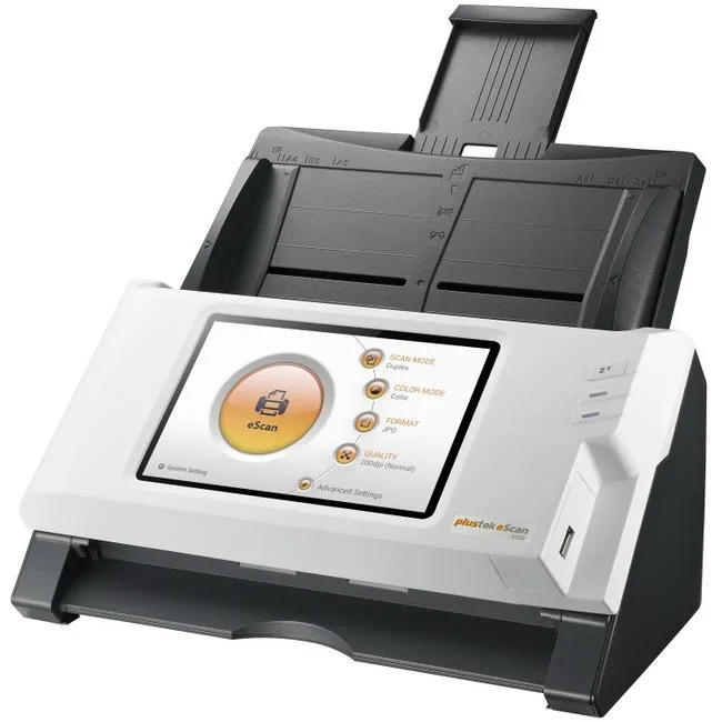 Plustek ESCAN-A350SP standalone document scanner, white rectangular body, front feed tray and output slot, network ports visible