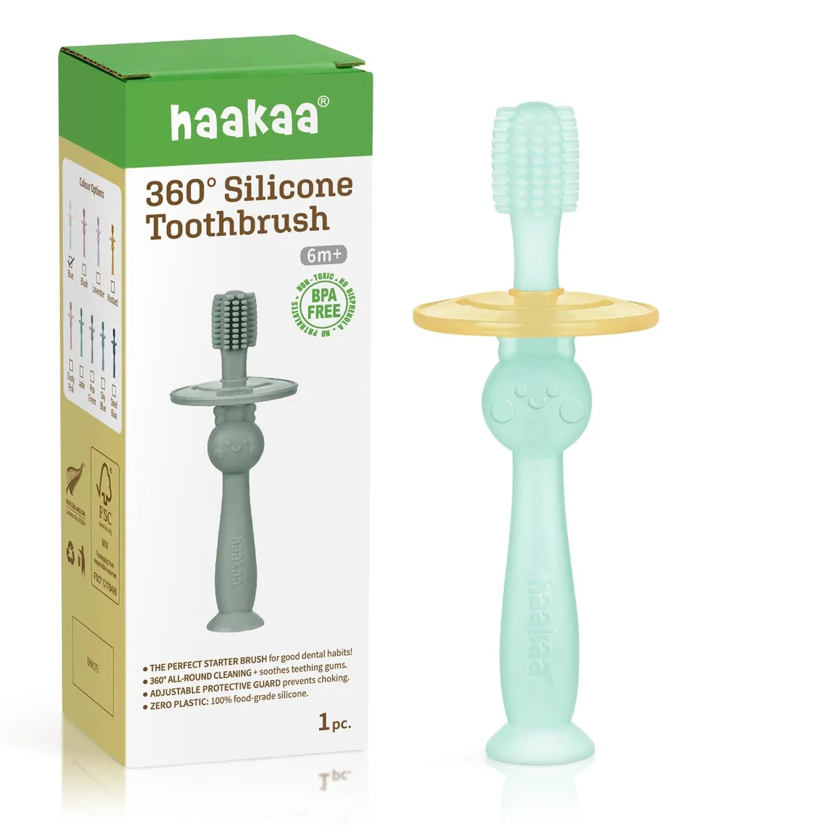 Blue silicone baby toothbrush with 360° bristle ring, adjustable safety shield, suction base, easy-grip handle