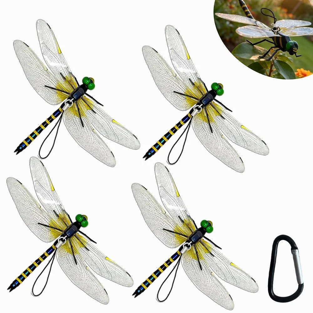 Set of four hand-painted 3D dragonfly ornaments with emerald eyes and veined wings, each with carabiner clip for hanging