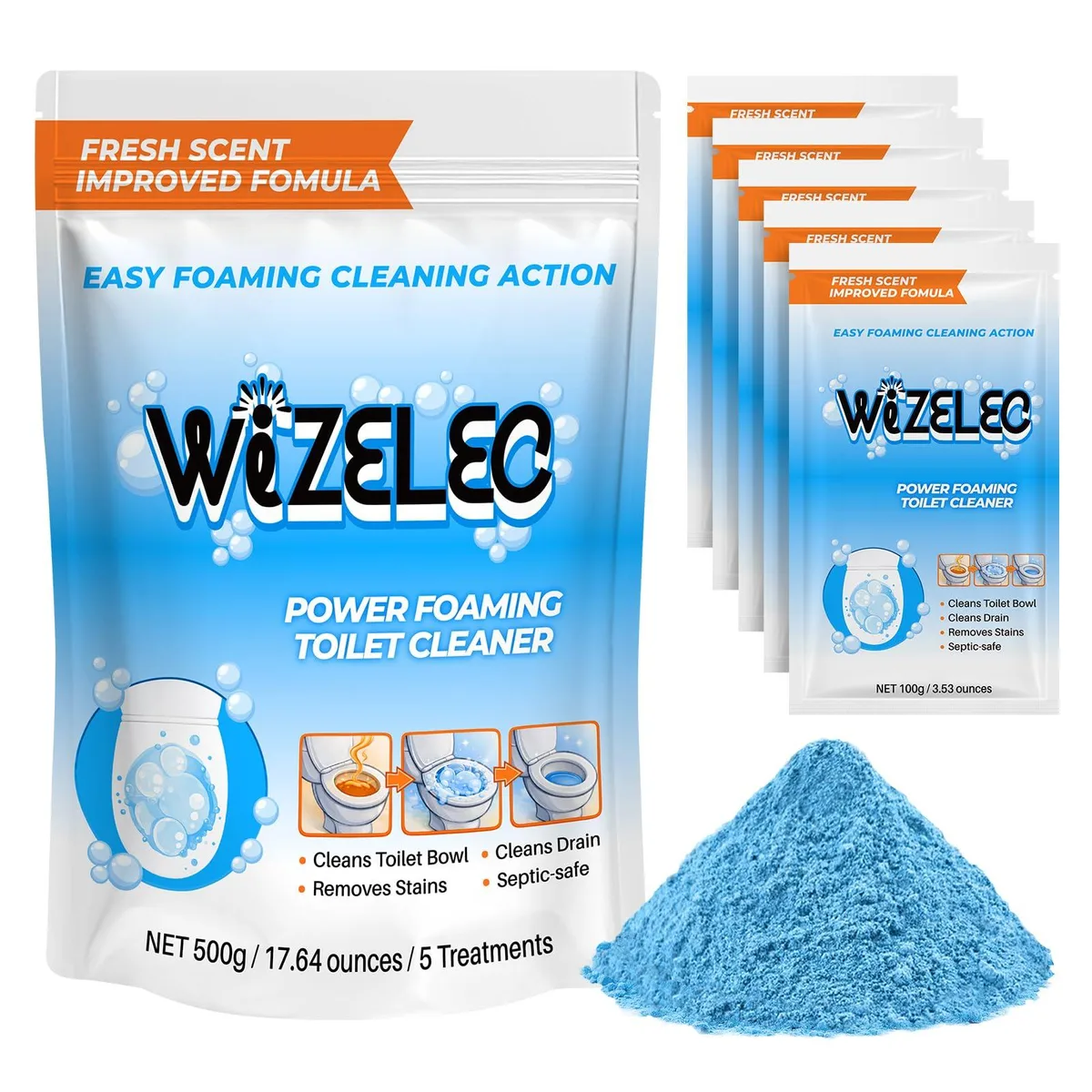 Five white powder sachets in a rectangular box
