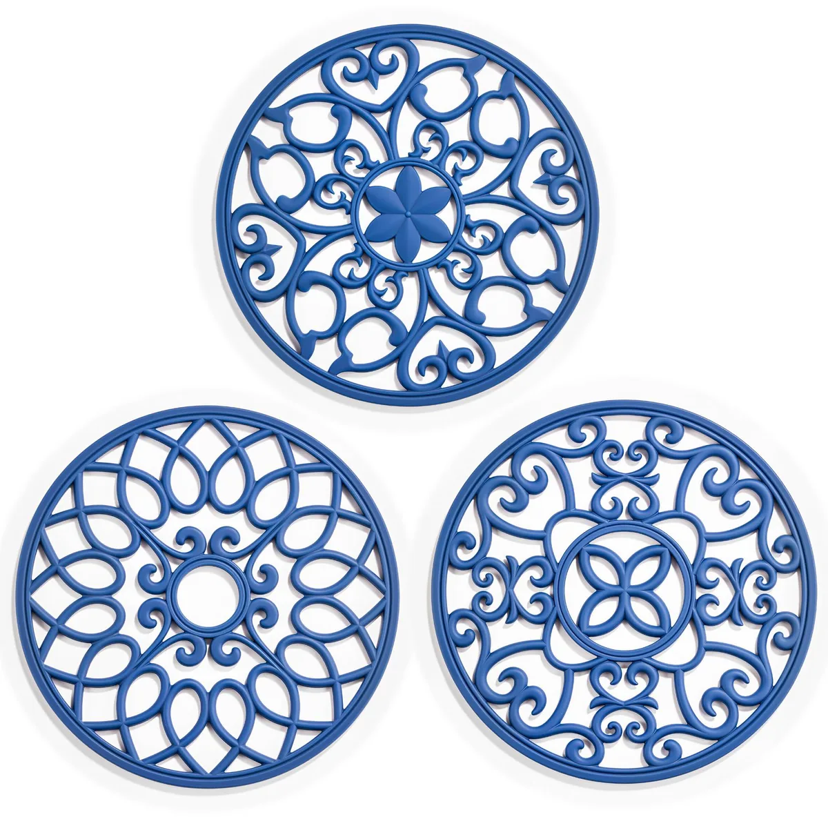 Three navy blue silicone trivet mats 8 inch diameter .2 inch thick