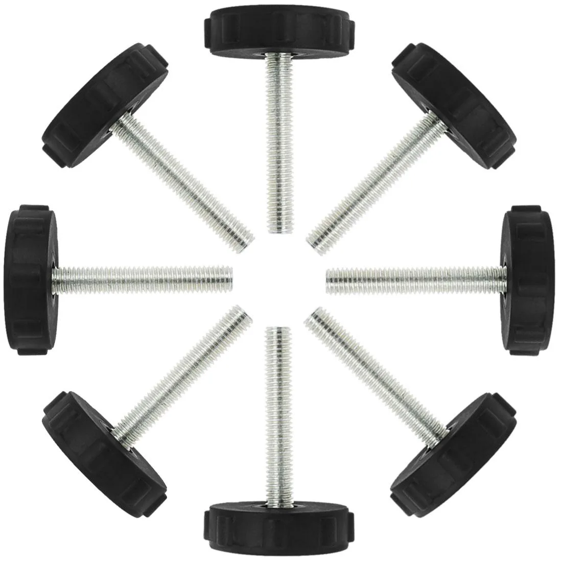 Eight M8 adjustable leveling feet with 50mm threaded stems and 40mm plastic bases