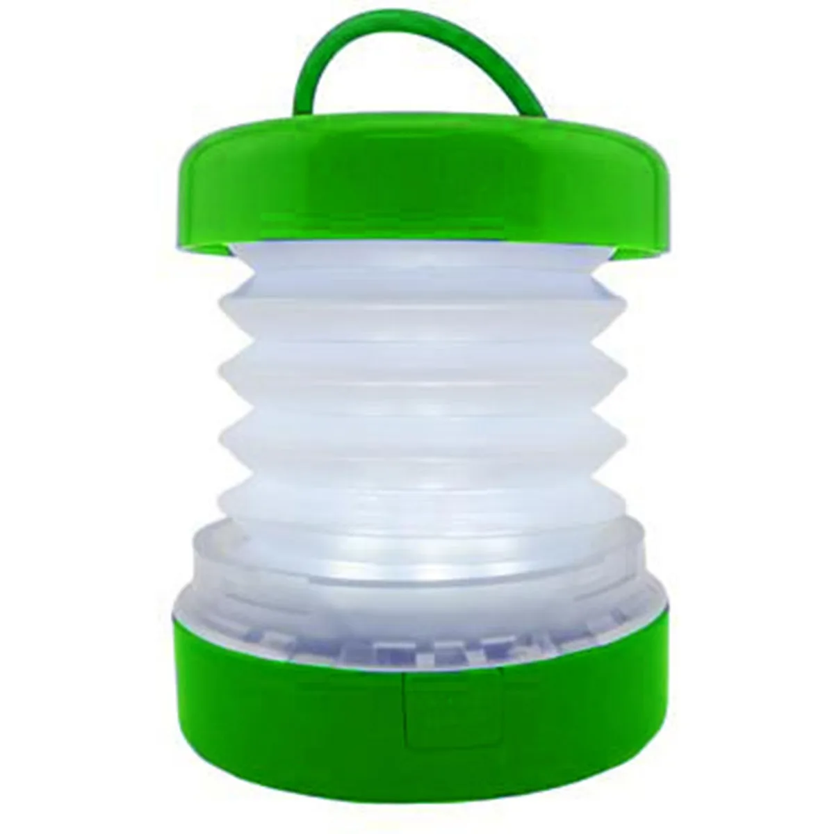 Green collapsible LED lantern, puck-shaped at 1.5 inches tall, extends to 3 inches with plastic carry handle