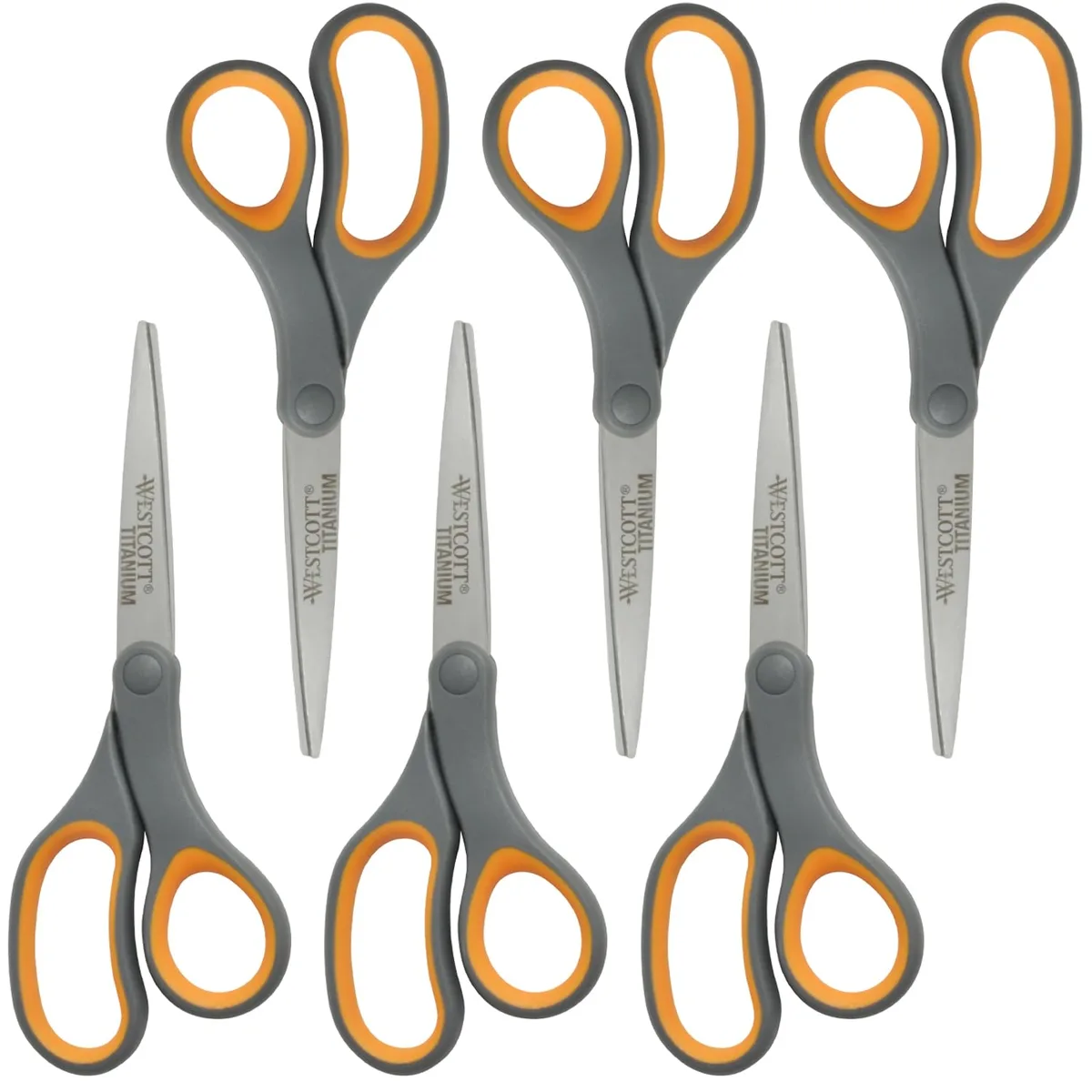 Six gray and yellow straight scissors with soft handles lying together