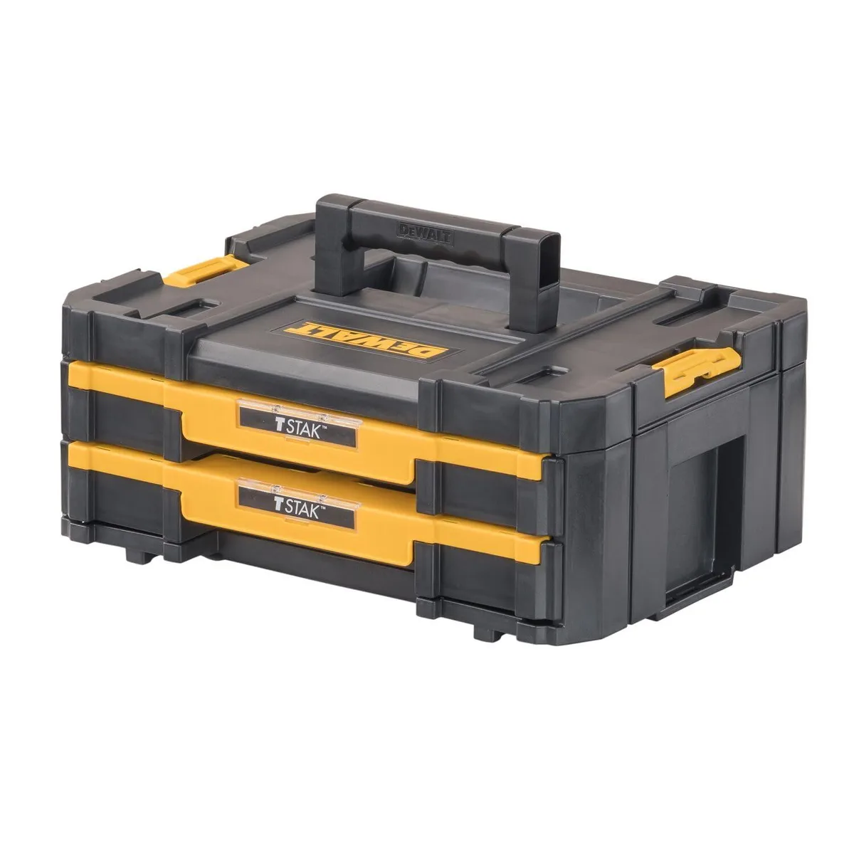 Black metal two-drawer toolbox with yellow handles and side latches, 17.3 by 12.3 by 6.9 inches