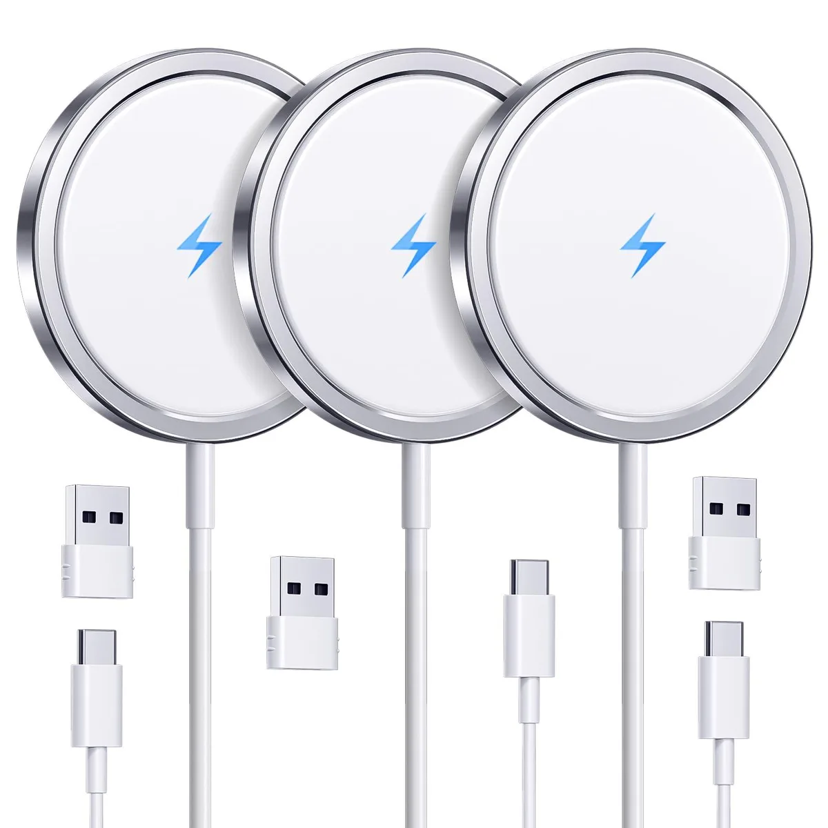 Three round magnetic wireless charging pads with integrated USB-C cables
