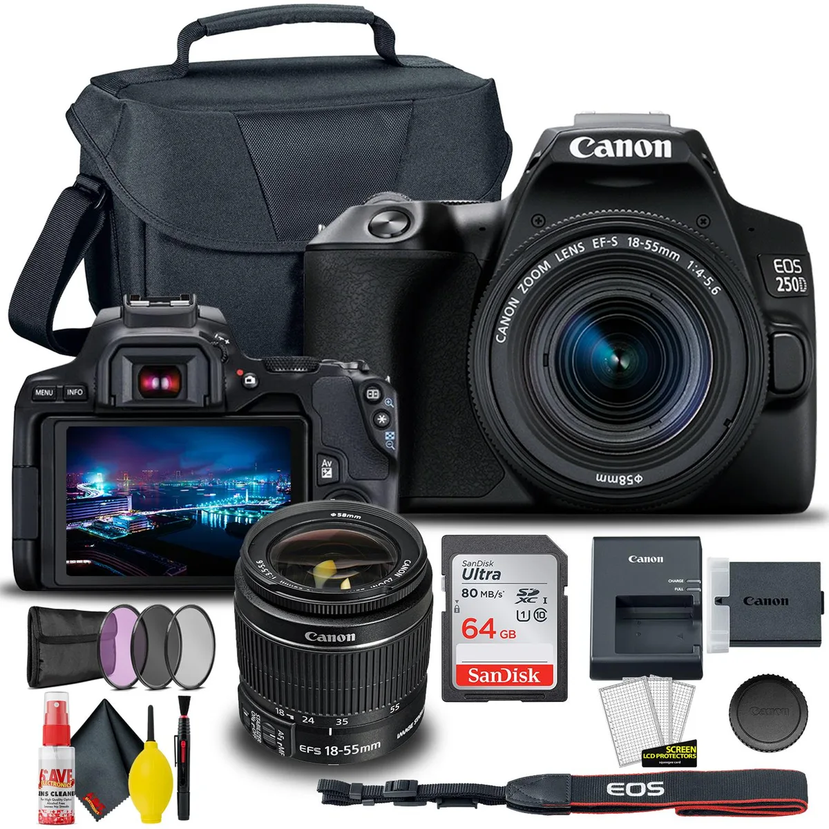 Canon Canon EOS 250D DSLR Camera with 18-55mm Lens (Black) + Creative Filter Set, Bag, 64GB Card, Cleaning Kit — product photo