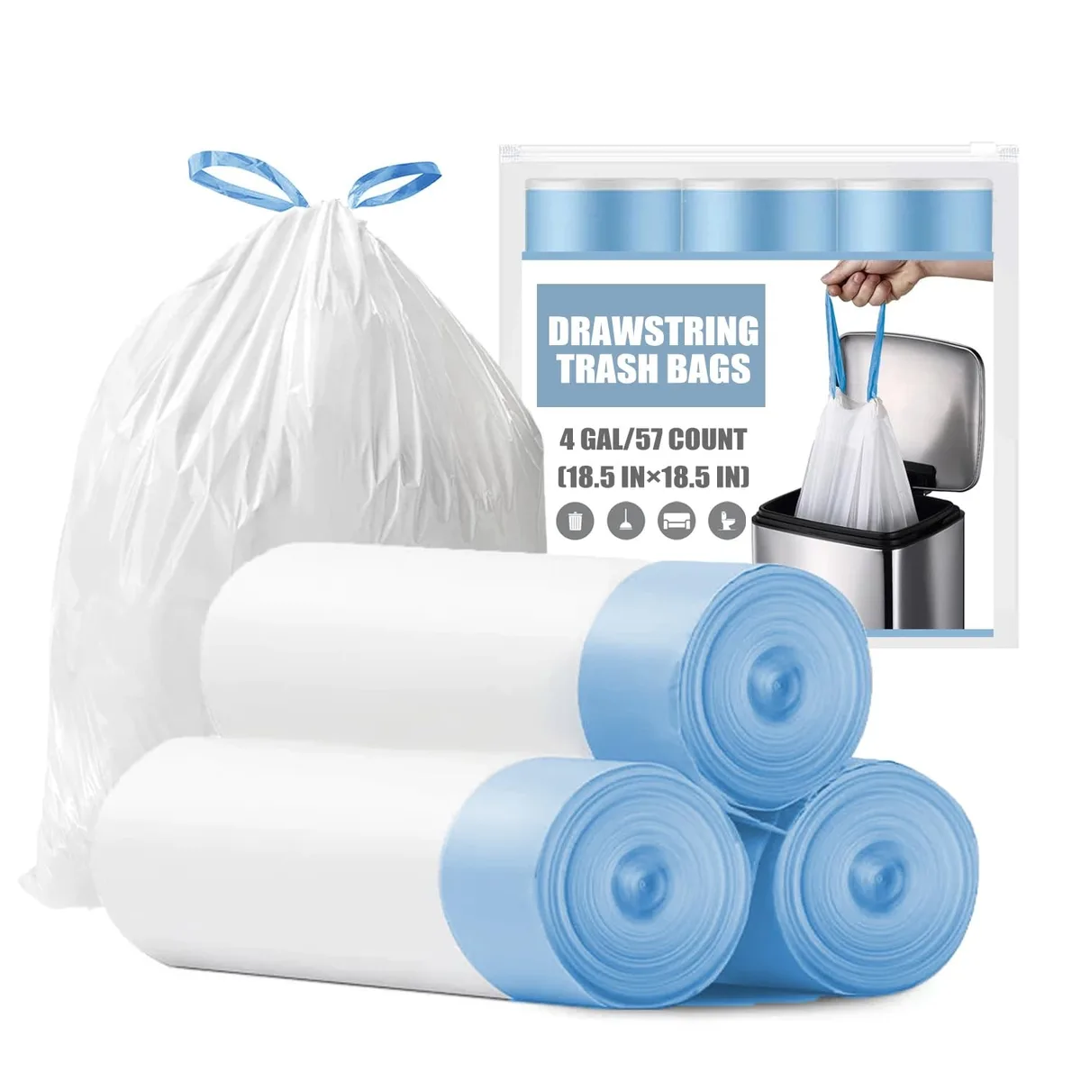 Three rolls of white drawstring trash bags on a surface