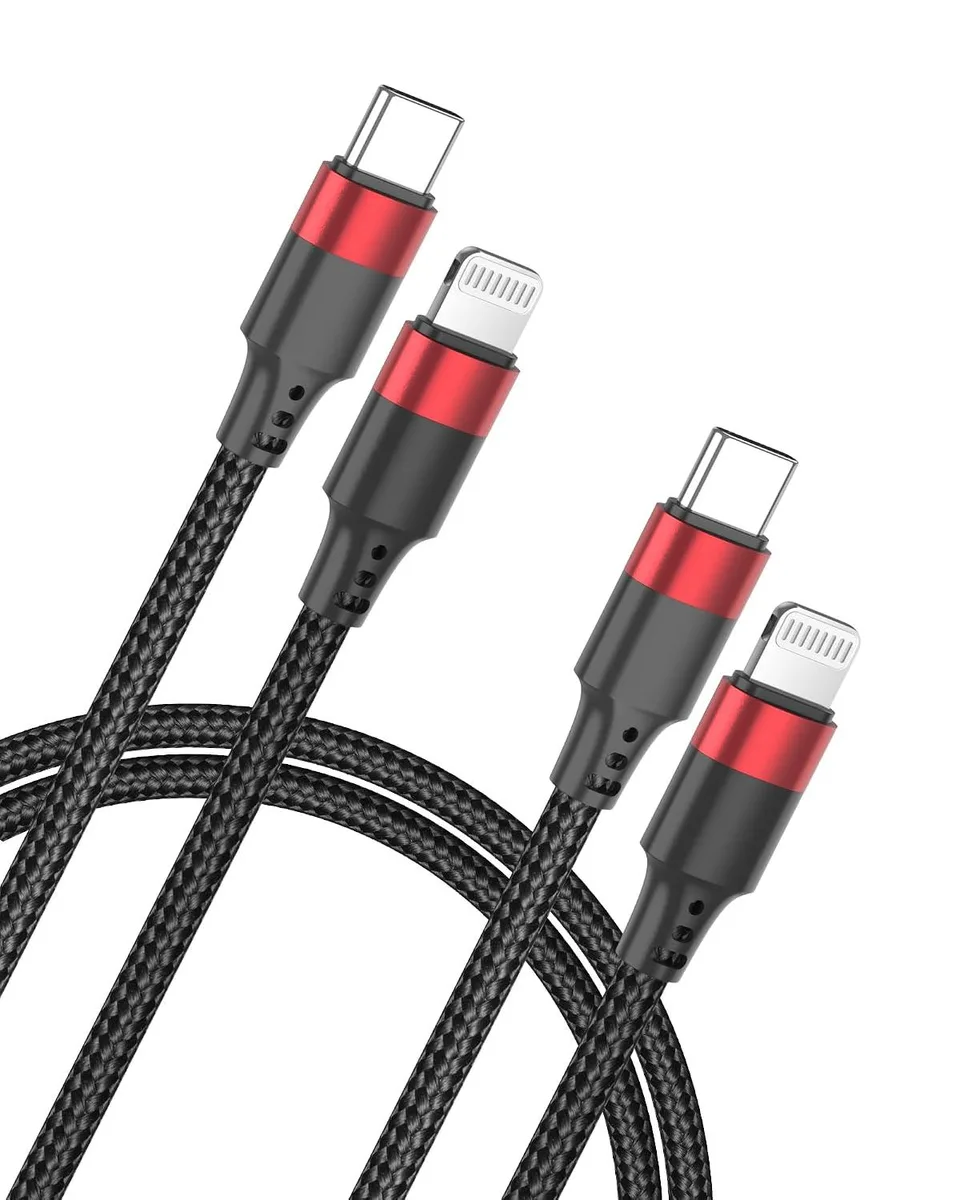 Two short braided USB-C to Lightning cables, nylon-wrapped with aluminium connector shells