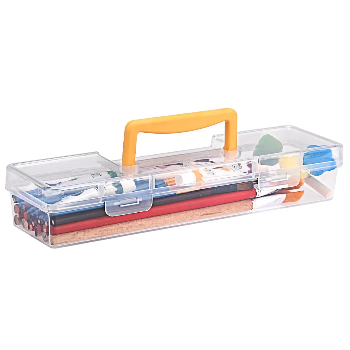 Clear plastic tool box with yellow handle, 13.1 by 3.7 by 2.4 inches