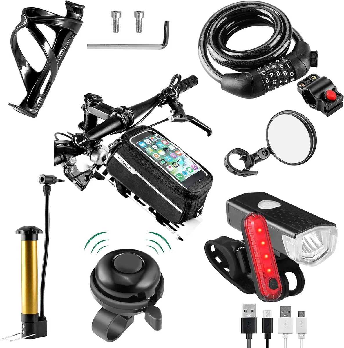  8 Pack Bicycle Accessories Set with Lights, Bottle Holder, Bag, Bell, Pump — product photo