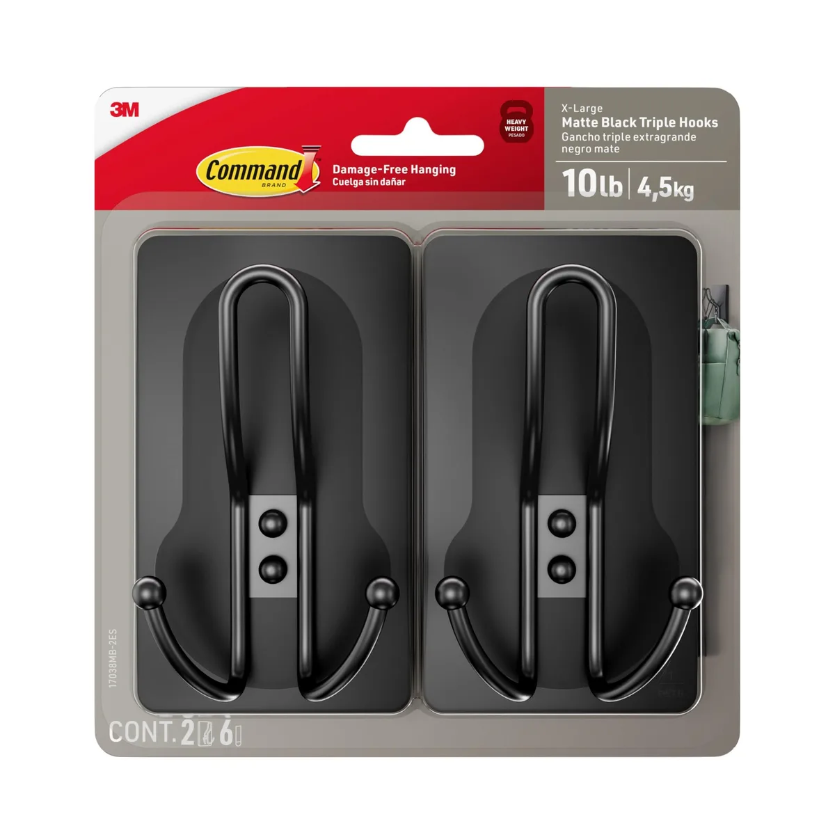 Two matte black triple hooks with adhesive strips
