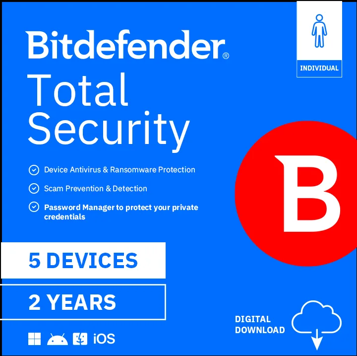 BitDefender BitDefender Total Security TS24ZZCSN2405LEN 5 Devices 2 Years internet security — product photo