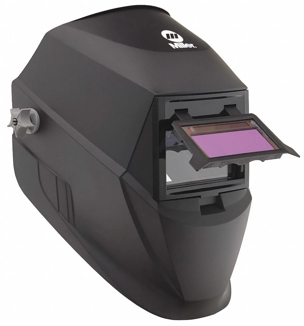 Black auto-darkening welding helmet, nylon shell, 3.74 by 1.38 inch viewing window, two arc sensors, ratchet headgear