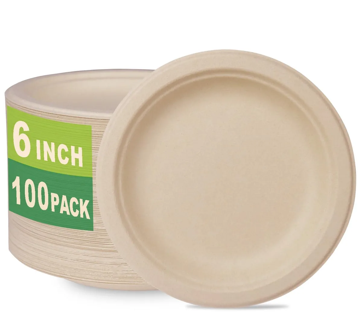 A stack of 100 round unbleached 6 inch compostable plates