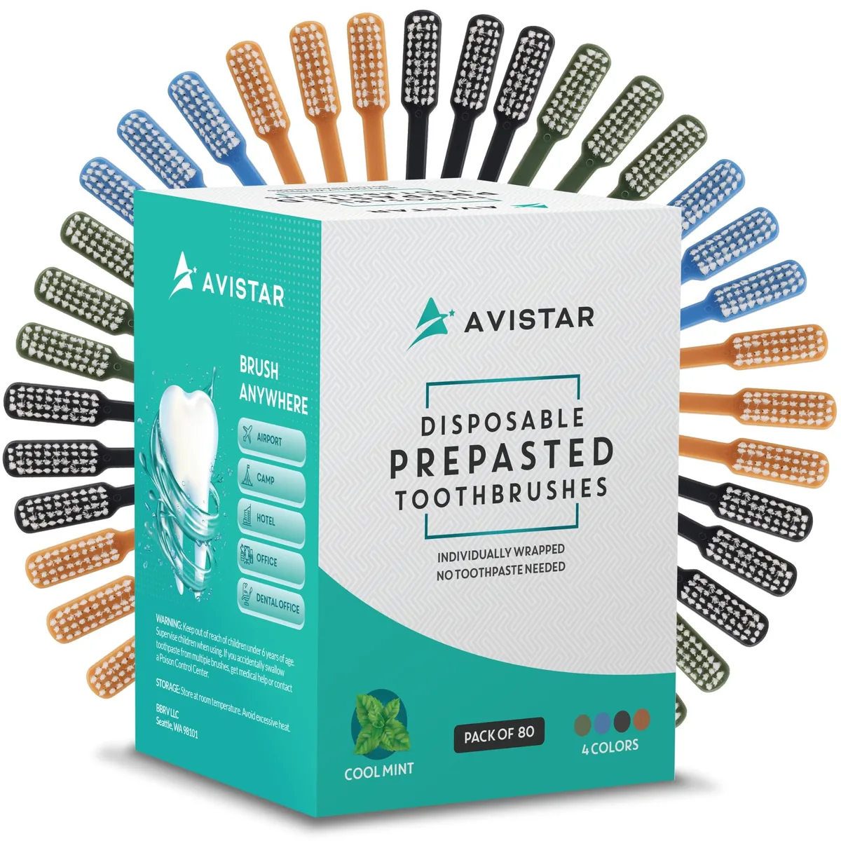 Box of 80 multicolour prepasted disposable toothbrushes in individual wrappers