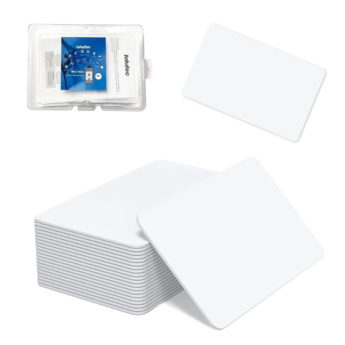 Pack of 70 white glossy CR80 PVC cards in plastic box