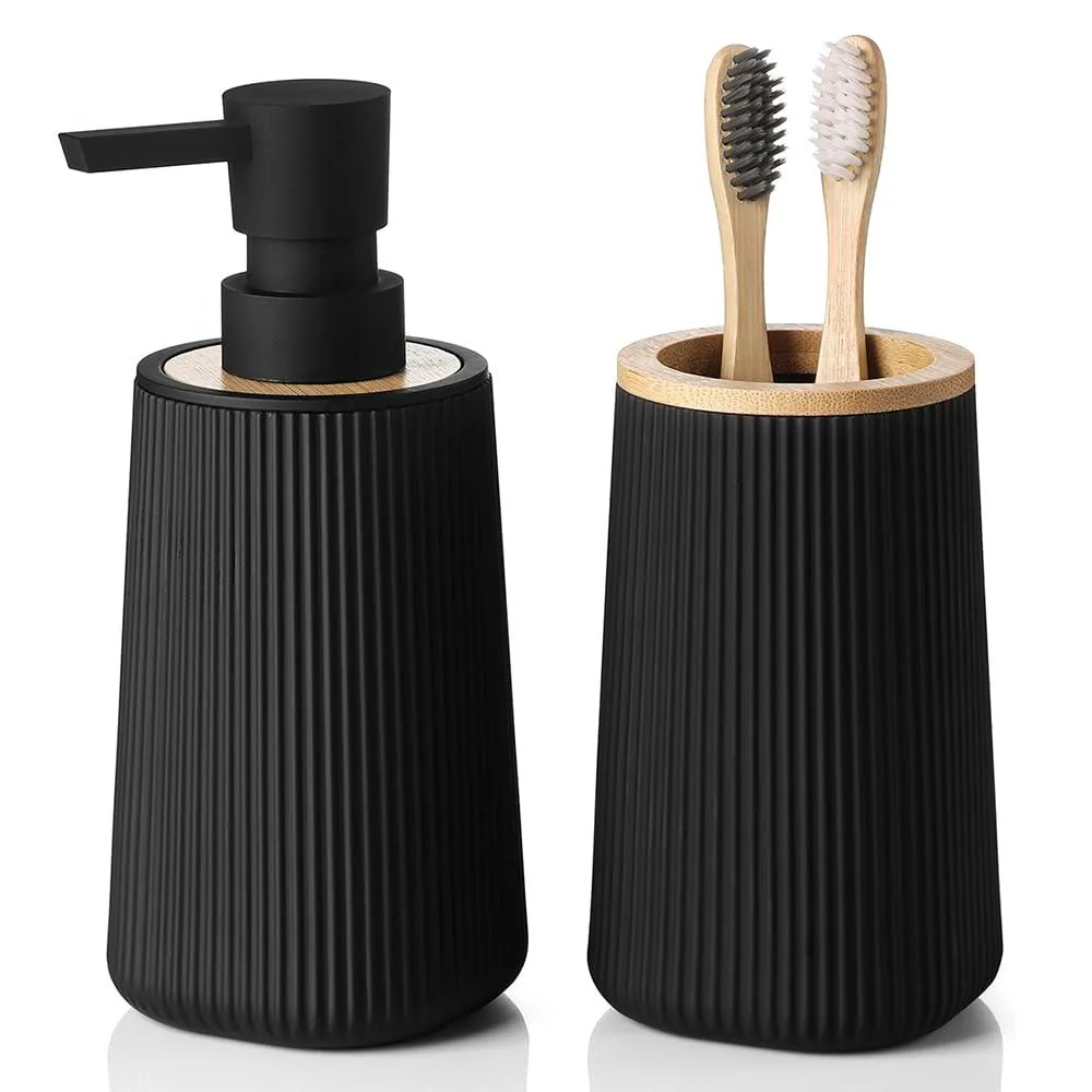  YAUKPH Soap Dispenser and Toothbrush Holder Set 2 Piece Striped Black and Bamboo — product photo